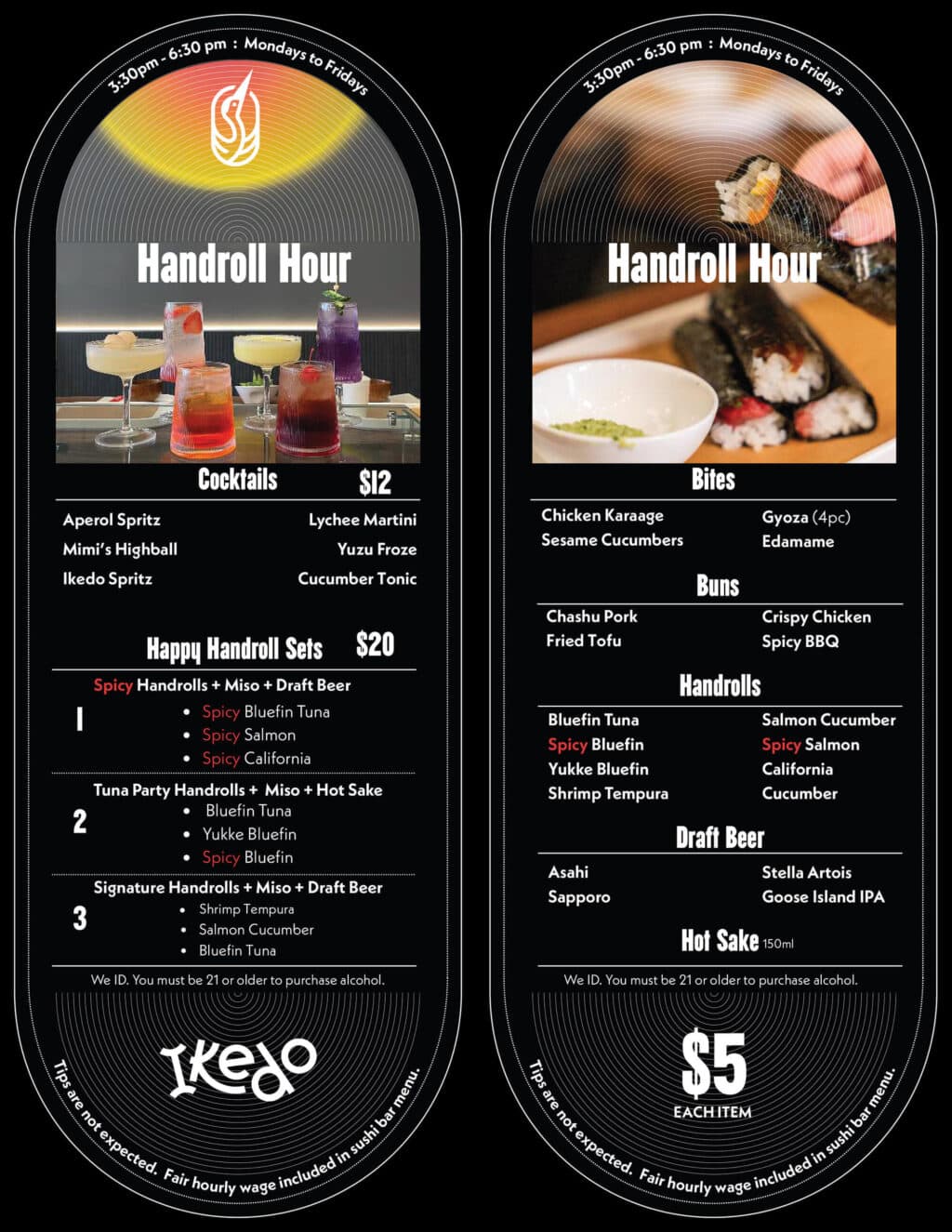 handroll hour happy hour bar menu